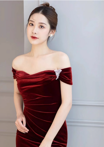 Mermaid Velvet Burgundy Long Prom Dress, Burgundy Long Formal Dress ED012