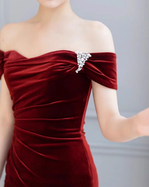 Mermaid Velvet Burgundy Long Prom Dress, Burgundy Long Formal Dress ED012