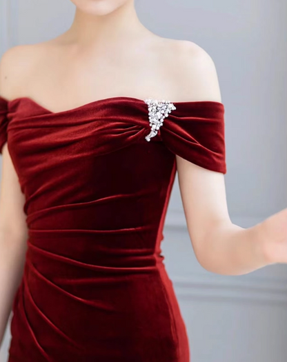 Mermaid Velvet Burgundy Long Prom Dress, Burgundy Long Formal Dress ED012