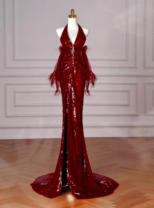 Burgundy Mermaid  V-neck Sequins Long Prom Dress,Formal Prom Dress ED01203