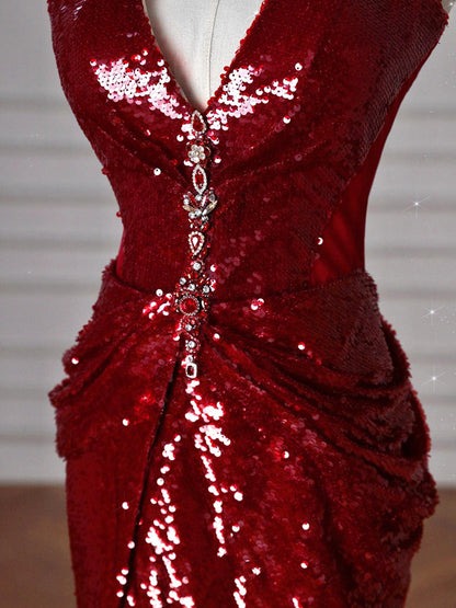 Burgundy Mermaid  V-neck Sequins Long Prom Dress,Formal Prom Dress ED01203