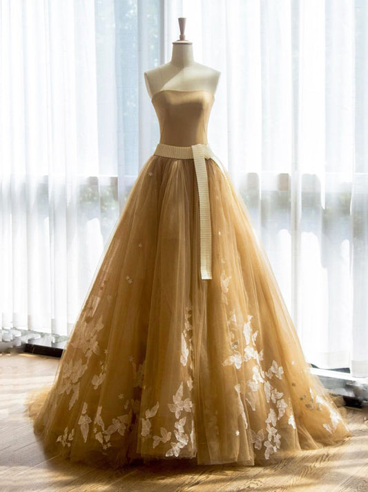 A-line Strapless Tulle Lace Long Prom Dress, Formal Party Dress ED01205