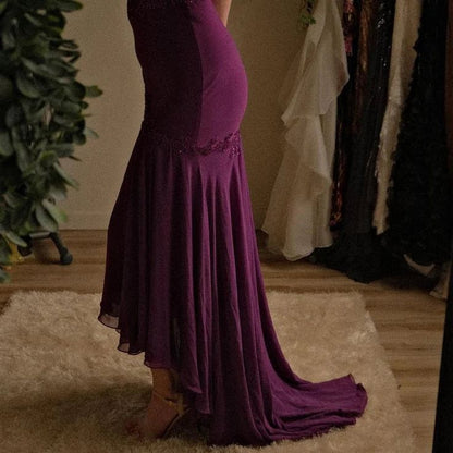 Vintage Grape  Spaghetti Straps Sheath Chiffon Prom Dress With Beads  ED01207