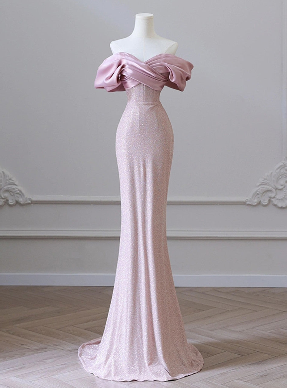 Mermaid Off the Shoulder Long Prom Dress,Pink Formal Prom Dress HZ1024