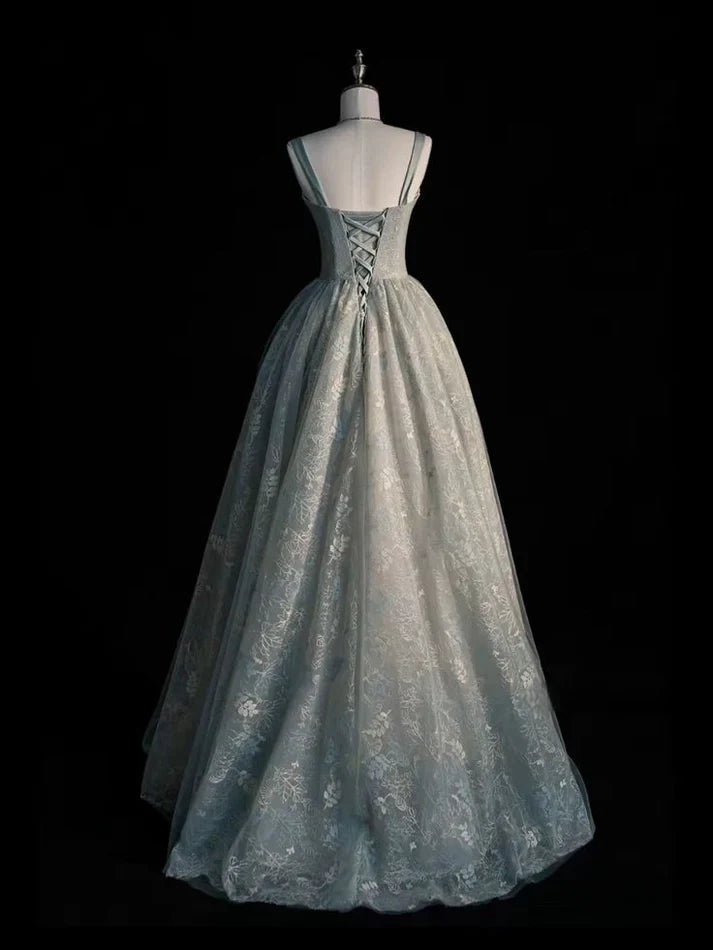 Elegant A Line Strap Appliques Satin Tulle Prom Dress Graduation Prom Dress SH2498