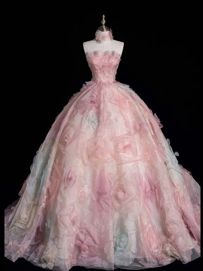 A-line Strapless Tulle long prom dress, pink sweet formal dress HZ1024