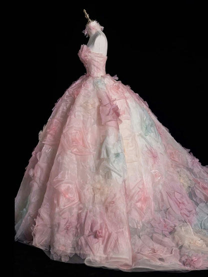 A-line Strapless Tulle long prom dress, pink sweet formal dress HZ1024