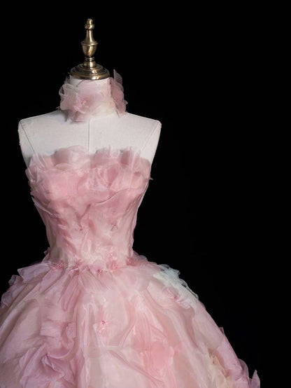 Pink A-line Strapless Tulle long prom dress, pink sweet formal dress ED01216