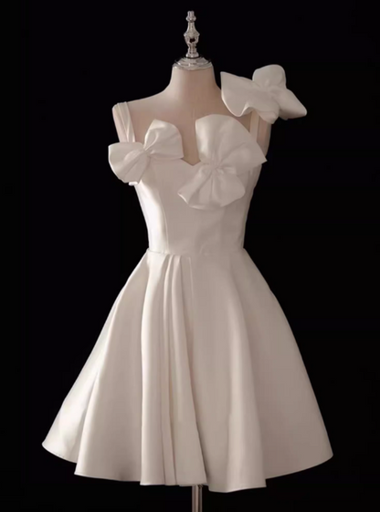 A-line spaghetti strap satin short prom dress, white bridesmaid dress HZ1024