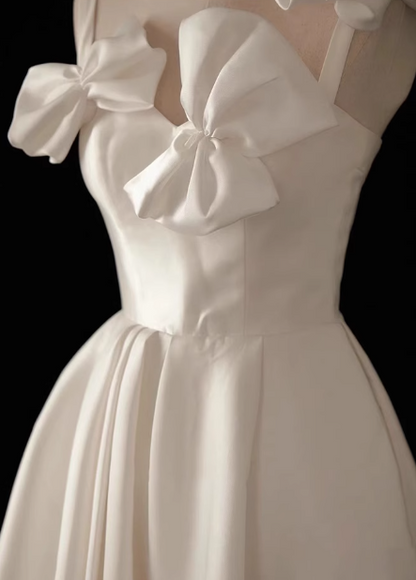 White A-line spaghetti strap satin short prom dress, white bridesmaid dress ED01212