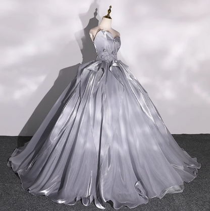 A-line V-neck Tulle Long Prom Dress, Grey Long Formal Dress HZ1024