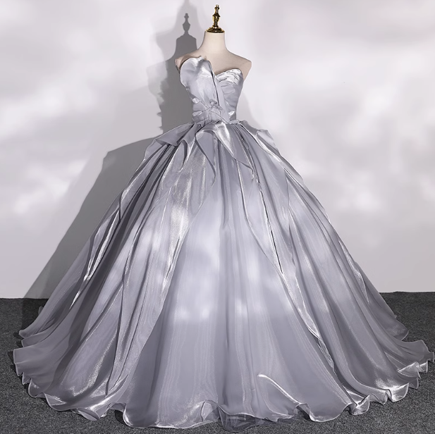 A-line V-neck Tulle Long Prom Dress, Grey Long Formal Dress HZ1024