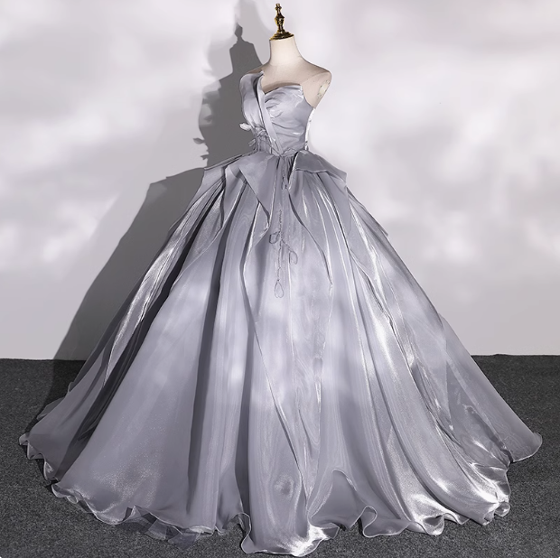 A-line V-neck Tulle Long Prom Dress, Grey Long Formal Dress HZ1024