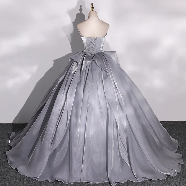 A-line V-neck Tulle Long Prom Dress, Grey Long Formal Dress HZ1024