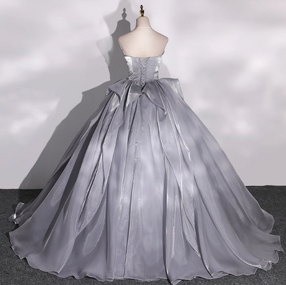 A-line V-neck Tulle Long Prom Dress, Grey Long Formal Dress HZ1024