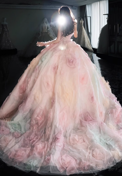 A-line Strapless Tulle long prom dress, pink sweet formal dress HZ1024