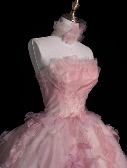 A-line Strapless Tulle long prom dress, pink sweet formal dress HZ1024