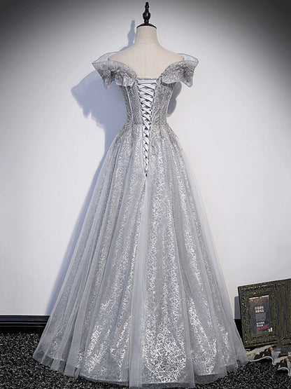 Gray A-line Off-Shoulder Tulle Sequins Long Prom  Dress,Formal Evening Dress ED01219