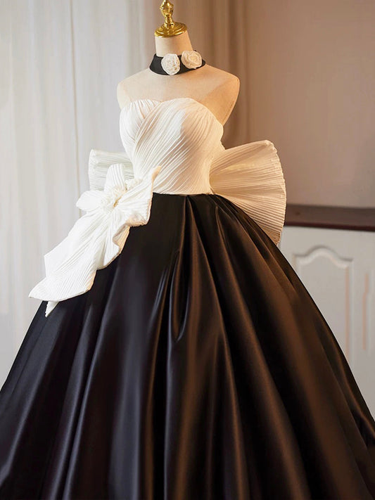 White and Black A-Line Strapless  Satin Long Prom Dress, A-Line Formal Evening Party Dress  ED01220