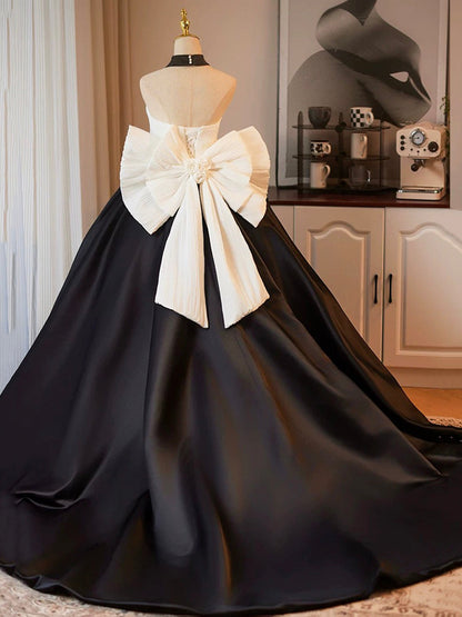White and Black A-Line Strapless  Satin Long Prom Dress, A-Line Formal Evening Party Dress  ED01220