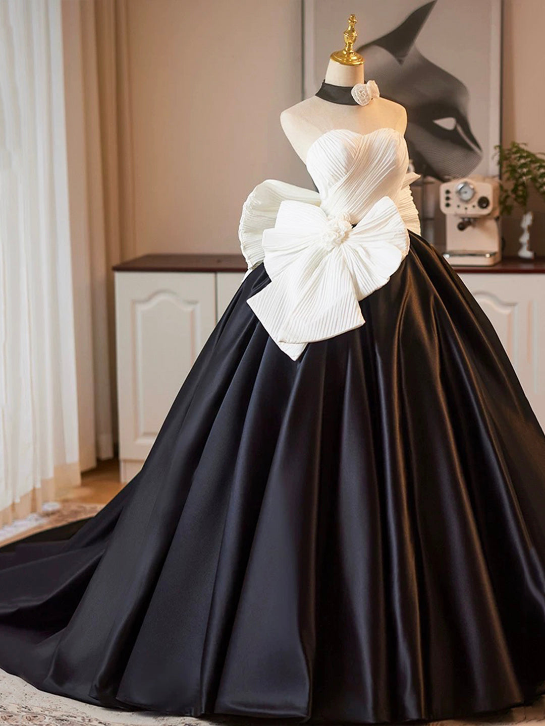 White and Black A-Line Strapless  Satin Long Prom Dress, A-Line Formal Evening Party Dress  ED01220