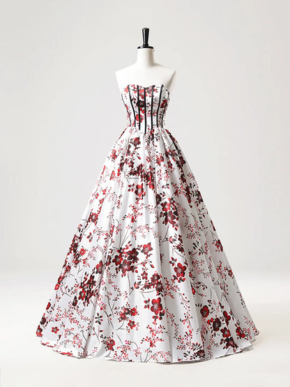A-Line Strapless White Floral Satin Long Prom Dress, Sweetheart Neck Formal Party Dress  ED01221
