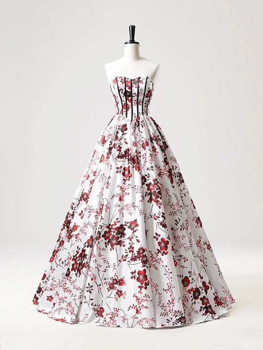 A-Line Strapless White Floral Satin Long Prom Dress, Sweetheart Neck Formal Party Dress  ED01221