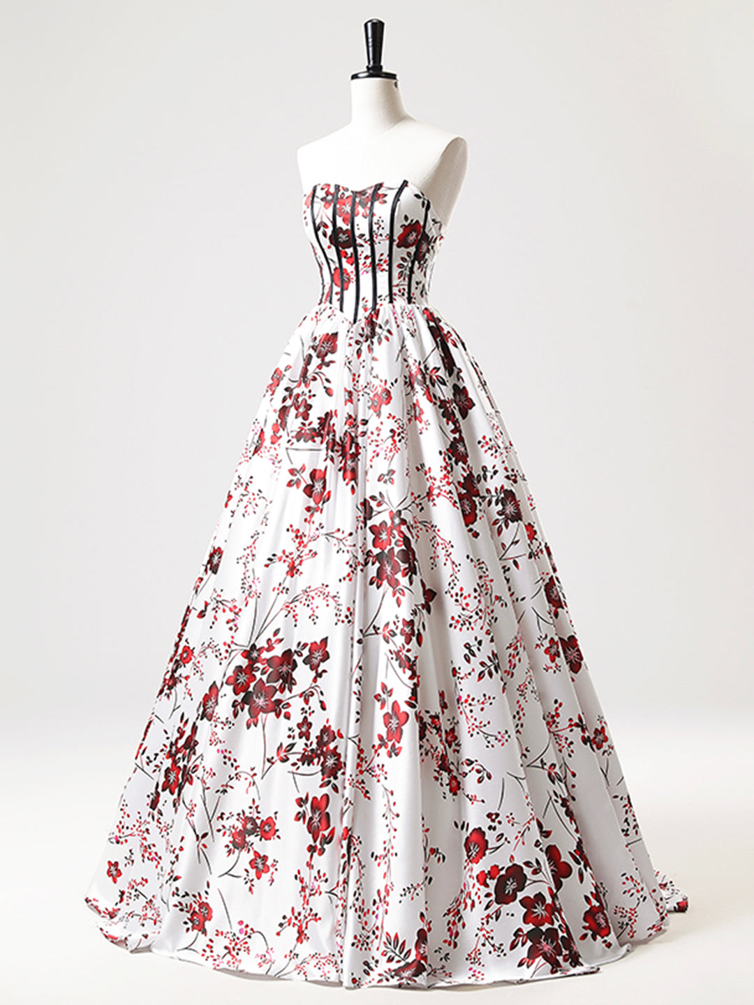 A-Line Strapless White Floral Satin Long Prom Dress, Sweetheart Neck Formal Party Dress  ED01221