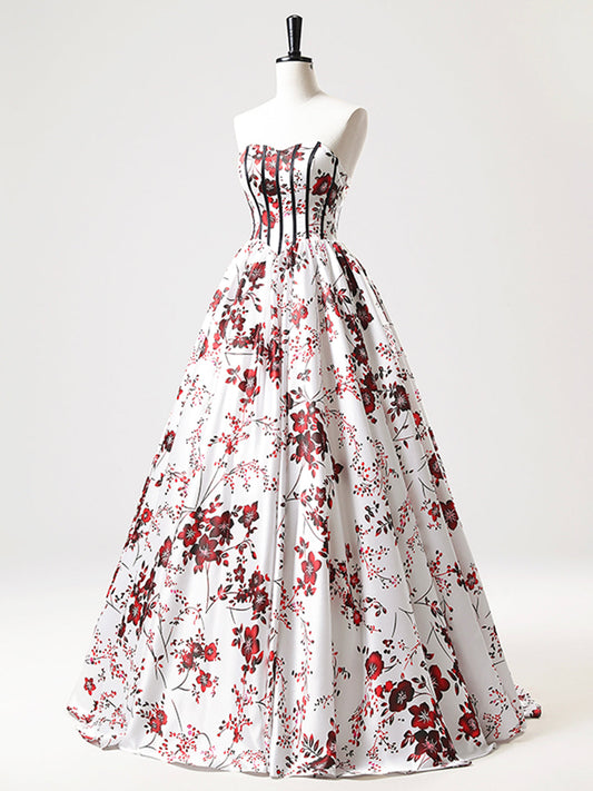 A-Line Strapless White Floral Satin Long Prom Dress, Sweetheart Neck Formal Party Dress  ED01221