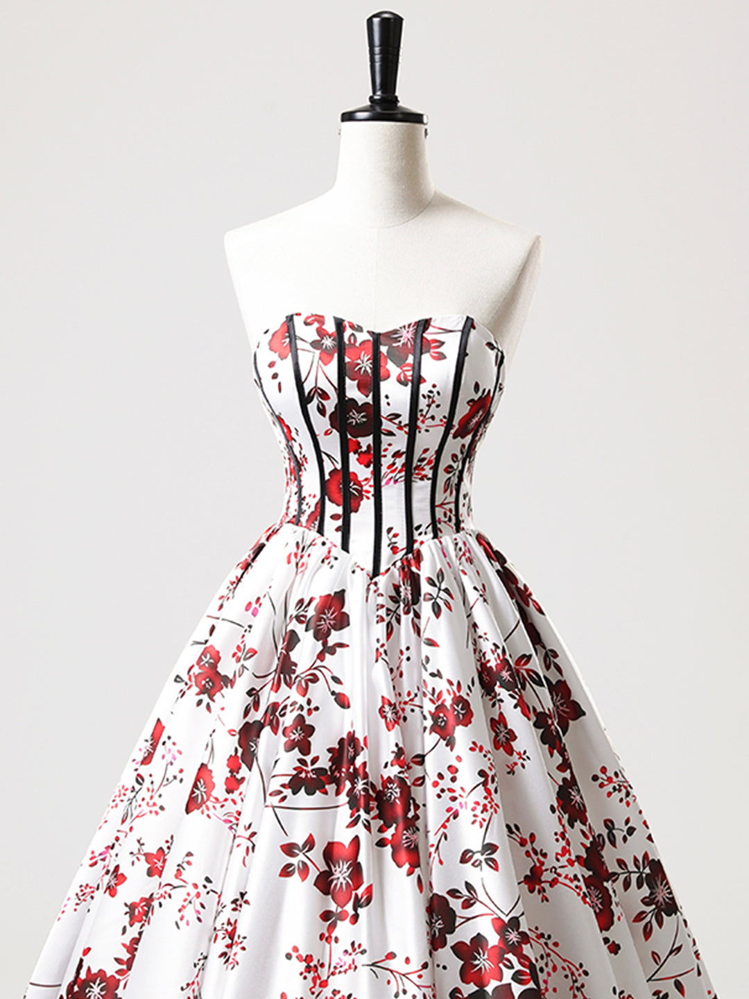 A-Line Strapless White Floral Satin Long Prom Dress, Sweetheart Neck Formal Party Dress  ED01221
