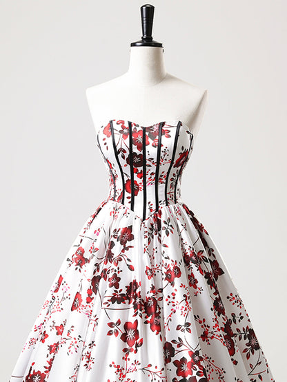 A-Line Strapless White Floral Satin Long Prom Dress, Sweetheart Neck Formal Party Dress  ED01221
