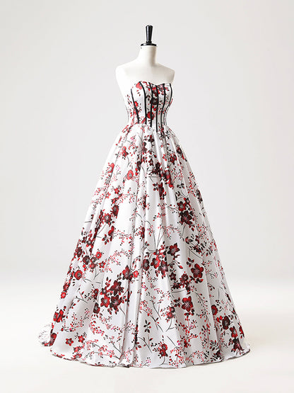 A-Line Strapless White Floral Satin Long Prom Dress, Sweetheart Neck Formal Party Dress  ED01221