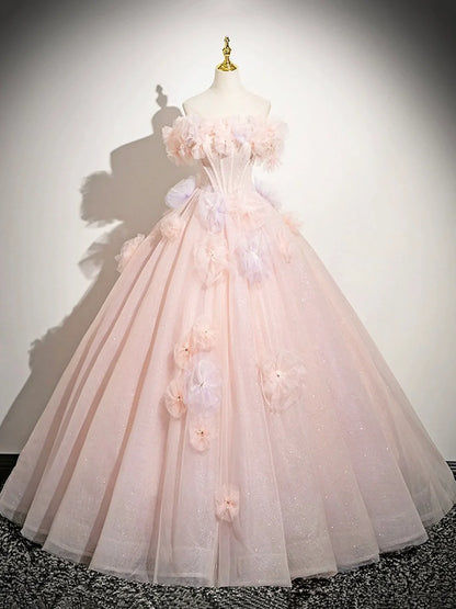 Pink A-Line Off Shoulder Tulle Long Prom Dress, Lovely  Evening Sweet 16 Dress  ED01222
