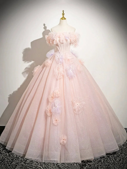 Pink A-Line Off Shoulder Tulle Long Prom Dress, Lovely  Evening Sweet 16 Dress  ED01222