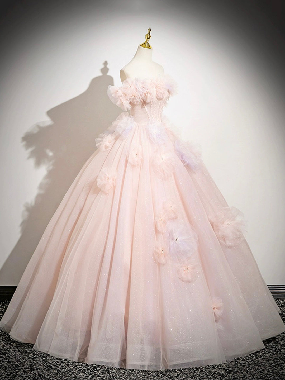 Pink A-Line Off Shoulder Tulle Long Prom Dress, Lovely  Evening Sweet 16 Dress  ED01222