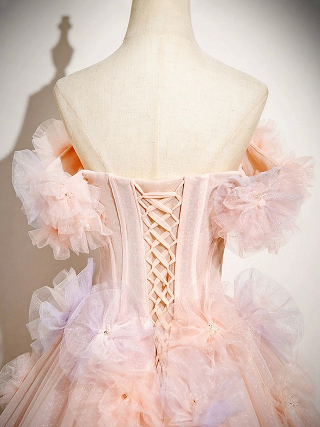 Pink A-Line Off Shoulder Tulle Long Prom Dress, Lovely  Evening Sweet 16 Dress  ED01222