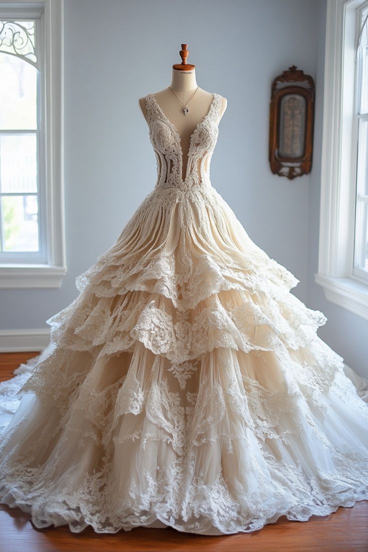 A-line V-neck Tulle Lace Long Prom Dress, Vintage Wedding Dress HZ1024