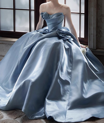 A-line Strapless Satin Long Ball Dress, Blue Formal Dress HZ1024
