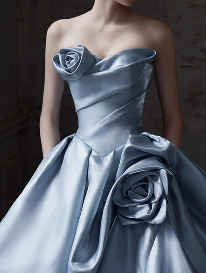 A-line Strapless Satin Long Ball Dress, Blue Formal Dress HZ1024