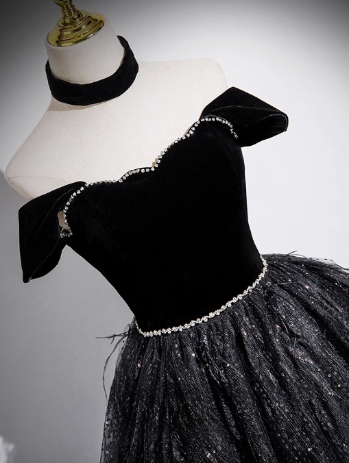 A-line Off-shoulder Velvet Tulle Sequin Long Prom Dress, Black Formal Dress HZ1024