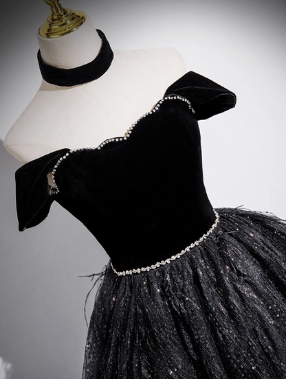 A-line Off-shoulder Velvet Tulle Sequin Long Prom Dress, Black Formal Dress HZ1024