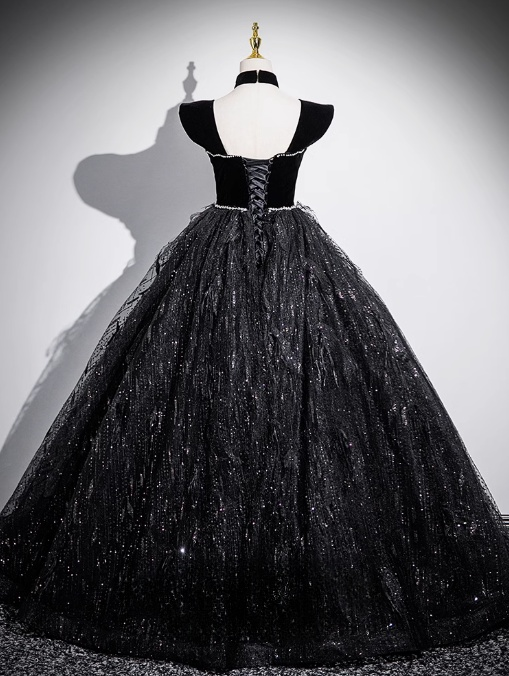A-line Off-shoulder Velvet Tulle Sequin Long Prom Dress, Black Formal Dress HZ1024