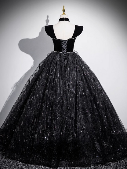 A-line Off-shoulder Velvet Tulle Sequin Long Prom Dress, Black Formal Dress HZ1024