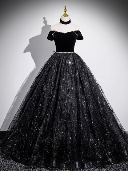 A-line Off-shoulder Velvet Tulle Sequin Long Prom Dress, Black Formal Dress HZ1024