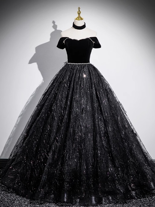 A-line Off-shoulder Velvet Tulle Sequin Long Prom Dress, Black Formal Dress HZ1024