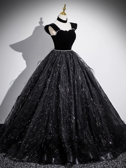 A-line Off-shoulder Velvet Tulle Sequin Long Prom Dress, Black Formal Dress HZ1024
