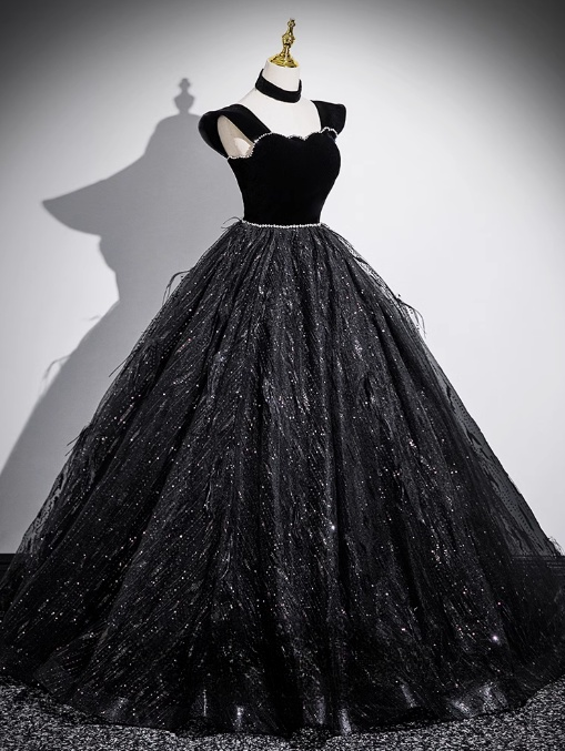 A-line Off-shoulder Velvet Tulle Sequin Long Prom Dress, Black Formal Dress HZ1024