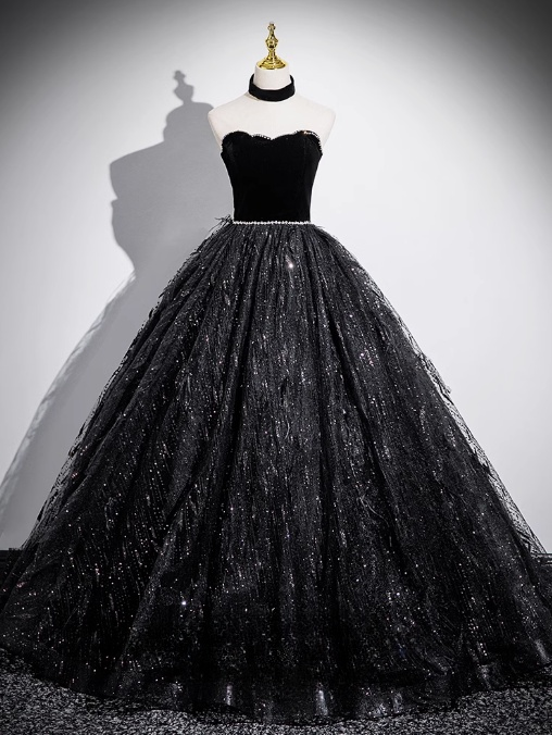 A-line Off-shoulder Velvet Tulle Sequin Long Prom Dress, Black Formal Dress HZ1024