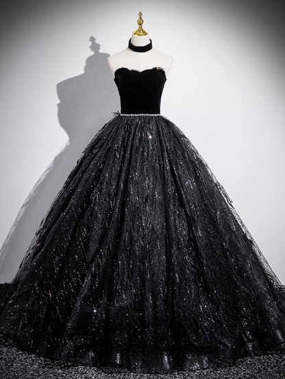 A-line Off-shoulder Velvet Tulle Sequin Long Prom Dress, Black Formal Dress HZ1024