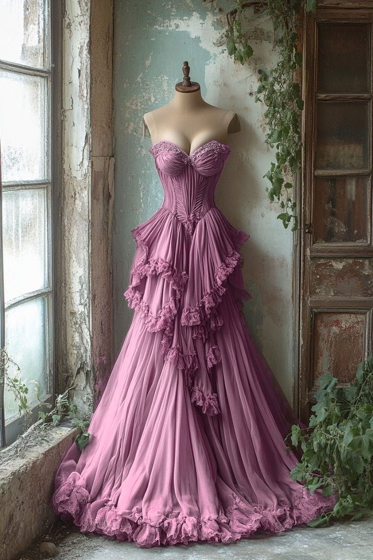 A-line Sweetheart Neck Tulle Beaded Long Prom Dress, Vintage Formal Dress HZ1024